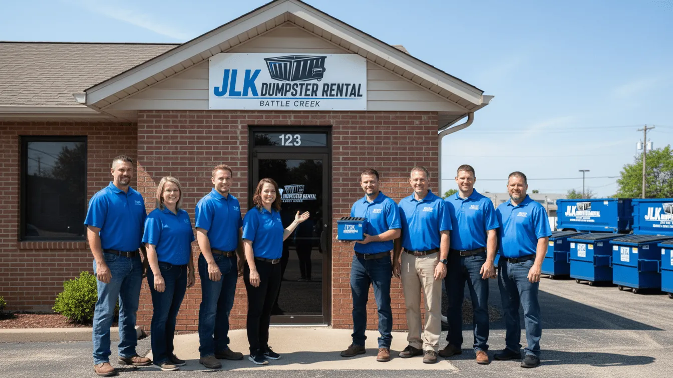 The JLK Dumpster Rental team with a roll-off truck and container in Battle Creek, MI The JLK Dumpster Rental team with a roll-off truck and container in Battle Creek, MI