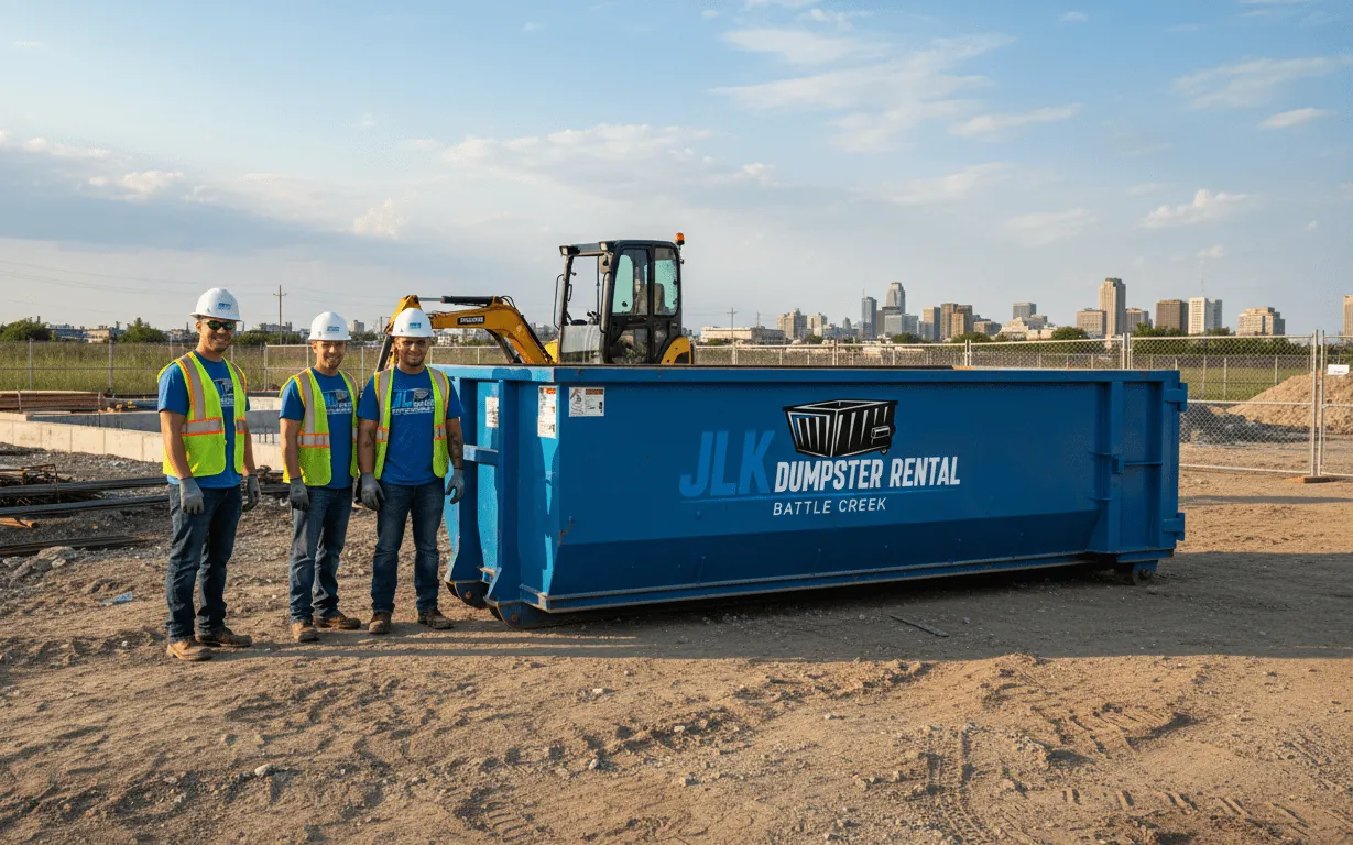 JLK Dumpster Rental roll-off truck and blue container on a Battle Creek, MI street
