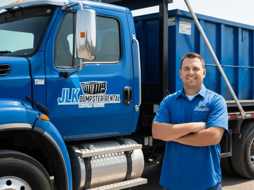 JLK Dumpster Rental roll-off truck and container in Battle Creek, MI