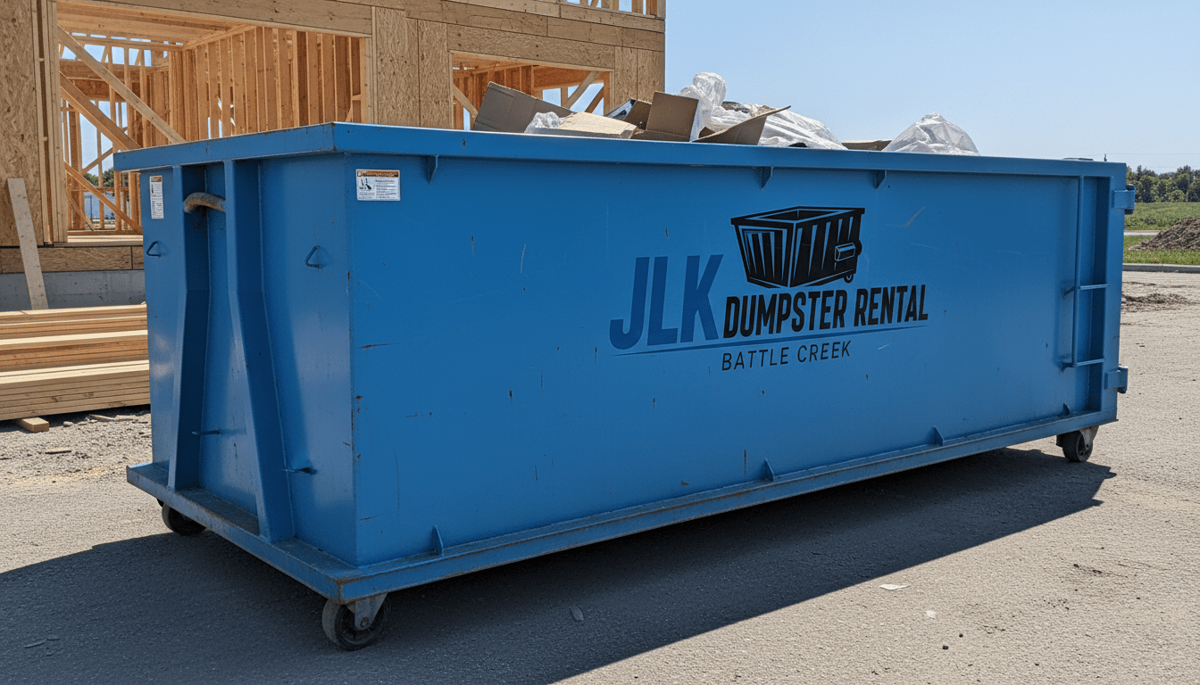 Dumpster on construction site JLK Dumpster Rental Battle Creek